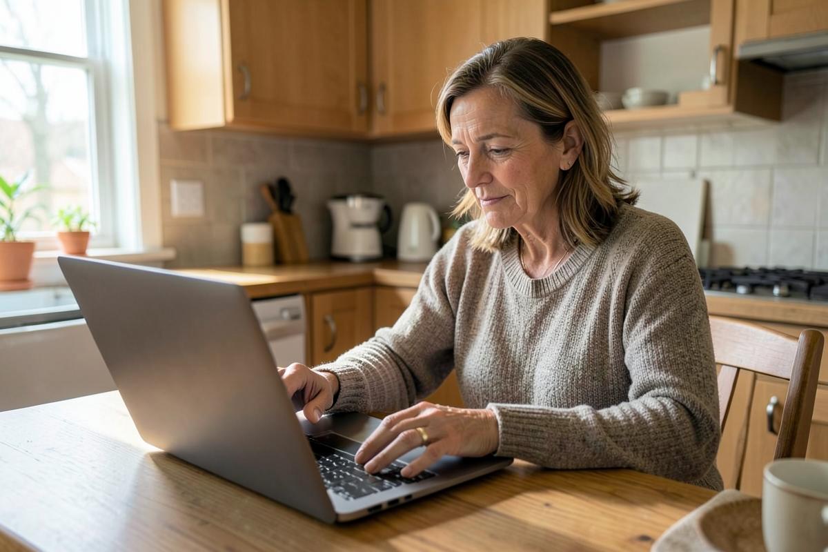 Client reviewing her bank records at home after reporting a fraud